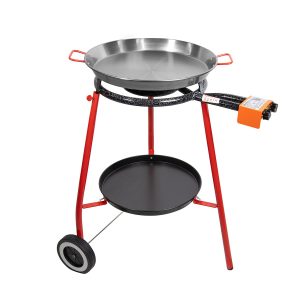 Garcima Andreu Paella Pan Set with Burner, 18 Inch Carbon Steel Outdoor Pan and Reinforced Legs Imported from Spain (12 Servings w/wheels)