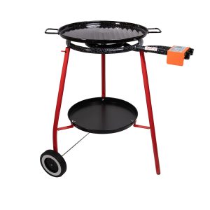 Garcima Lucia Paella Pan Set with Gas Burner, 18 Inch Enameled Grill Plat and Support Stand with Wheels and Accessory Tray, Imported from Spain (12 Servings)